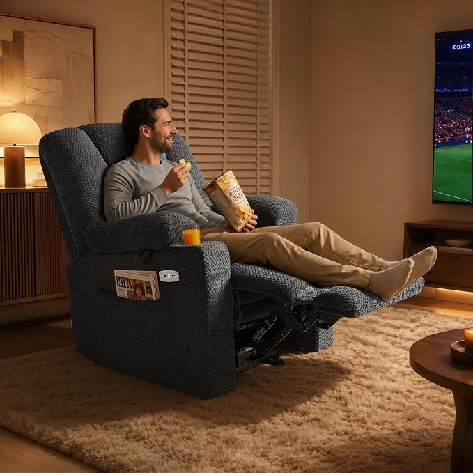 MCombo Zero Gravity Power Recliner Chair with Heat and Vibration Massage, Reclining Chair with USB & Type C Ports, Cup Holders for Living Room, Fabric 8015 (Grey)