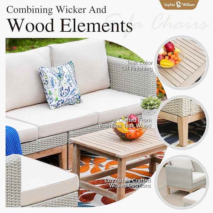 Sophia & William Patio Furniture Set, 5-Piece Wicker Patio Conversation Set, Rattan Outdoor Sectional Sofas with Ottomans & Wooden Coffee Table, Beige