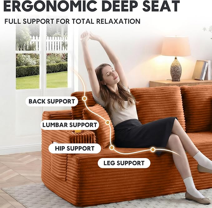 Boneless Sofa Couch Set with Cup Holders & Side Pockets, Modern Corduroy Fabric Upholstered 3-seat Couch & Loveseat Set with 4 Throw Pillows for Living Room, Office, No Assembly (Orange)