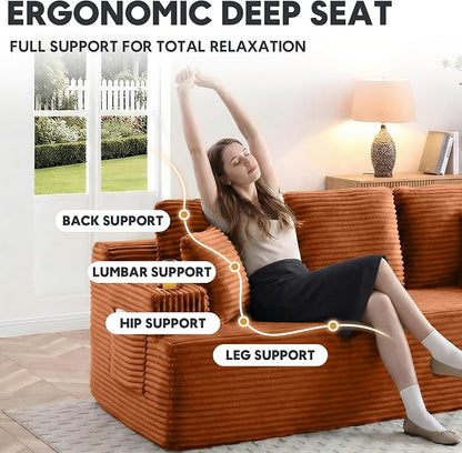 Boneless Sofa Couch Set with Cup Holders & Side Pockets, Modern Corduroy Fabric Upholstered 3-seat Couch & Loveseat Set with 4 Throw Pillows for Living Room, Office, No Assembly (Orange)