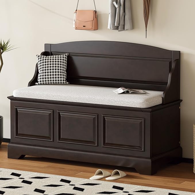 Knocbel Rustic Entry Storage Bench with Hidden Compartments and Removable Cushion, Wooden Entryway Hallway Foyer Shoe Bench Bedroom End of Bed Bench (Espresso and Beige)