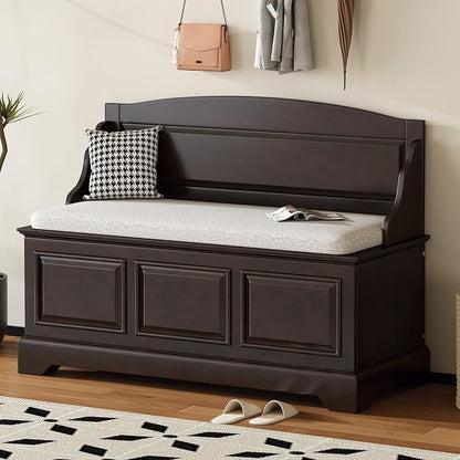 Knocbel Rustic Entry Storage Bench with Hidden Compartments and Removable Cushion, Wooden Entryway Hallway Foyer Shoe Bench Bedroom End of Bed Bench (Espresso and Beige)