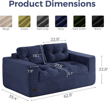 MAXYOYO 63" Loveseat Sofa Couch for Small Spaces, Upholstered Boneless Cloud Couch for Apartment Bedroom, 2-Seater Love Seat Floor Modern Sofa with Pillows, No Assembly Required, Navy