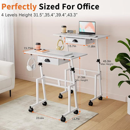 Honkazita Height Adjustable Standing Desk with Storage Drawer, Rolling Desk for Walking Pad, Small Sit-Stand Desk with Lockable Wheels, Height Range 31.5"-43.3", White, Stable Design