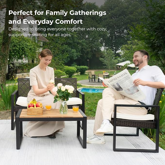 All-Weather 4 Piece Outdoor Rattan Patio Furniture Set (Brown) | Acacia Wood Table & Cushions
