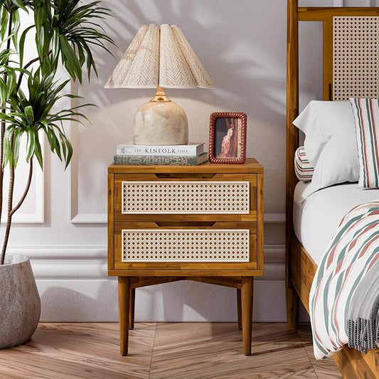 Bme Oliver Solid Wood Rattan Nightstand/Side Table/End Table, Fully Assembled, for Bohemian & Mid Century Style Bedroom and Living Room, Caramel | Fully Assembled