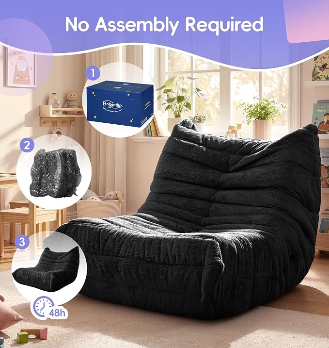 Hobestluk Small Bean Bag Chair Faux Fur Fabric BeanBag Couch for Playroom | Black Plush,Ergonomic Design,Memory Foam,Strong Supportive,No Assembly Required,Decorative Style for Living Room Bedroom