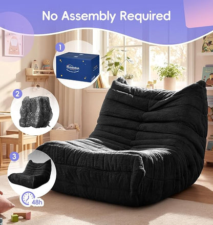 Hobestluk Small Bean Bag Chair Faux Fur Fabric BeanBag Couch for Playroom | Black Plush,Ergonomic Design,Memory Foam,Strong Supportive,No Assembly Required,Decorative Style for Living Room Bedroom