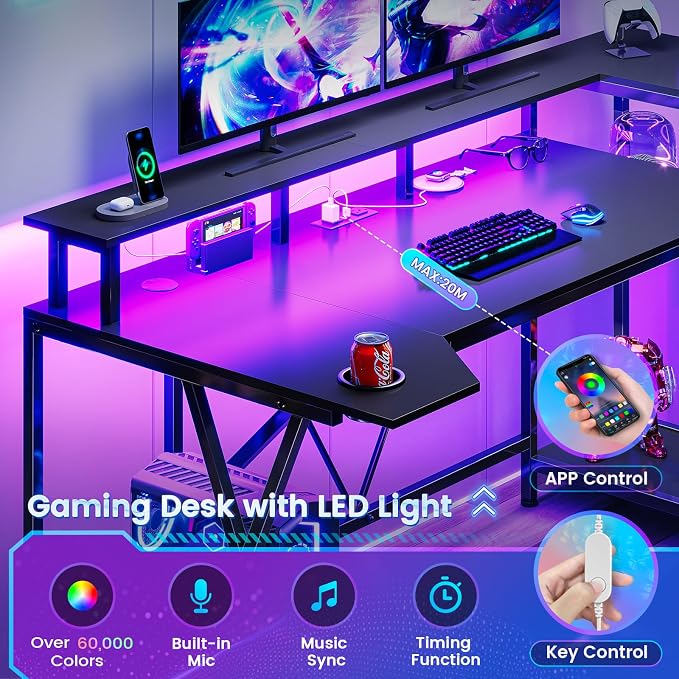 SEDETA Gaming Desk 55'' with LED Lights and Storage Shelves, Computer Desk with Monitor Stand, Power Outlets and Cup Holder, Large PC Gamer Desk, Gaming Table for Bedroom, Living Room, Black
