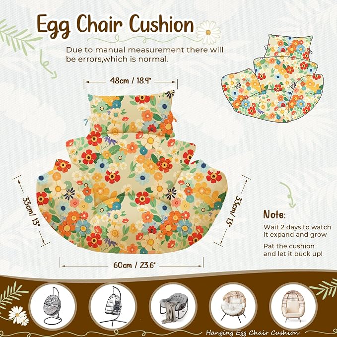 Waterproof Egg Chair Cushion Replacement 47x31.5x4.7 inch Thicken Hanging Egg Swing Chair Cushion Indoor Outdoor Wicker Rattan Hammock Basket Cushion with Headrest Pillow, Daisy
