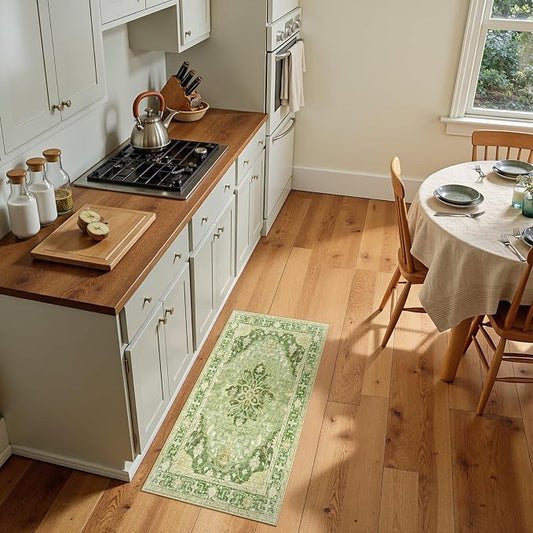 RELEANY Area Rugs Small 2'x4' Washable Non-Slip, Floral Vintage Distress Medallion Carpet for Kitchen Entryway Bathroom, Sage Green Yellow
