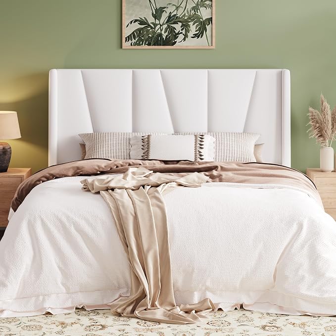 Allewie Full Size Platform Velvet Bed Frame with Geometric Wingback Headboard, Boho Upholstered Bed with Wooden Slats Support, No Box Spring Needed, Easy Assembly, White