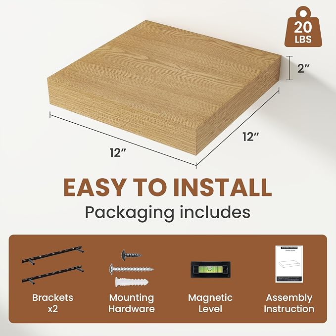 Vivelove 12 Inch Deep Floating Shelves 12 inch Long, 2 Inch Thick Wall Shelves with Invisible Brackets, Shelf for Bedroom Bathroom Living Room Kitchen Office Home Decor, Modern Shelf Set of 2, Oak