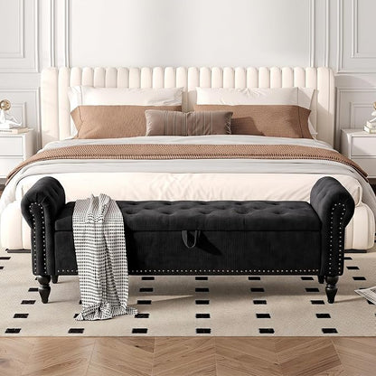 Furniliving 63” End of Bed Storage Bench, Bedroom Bench with Button-Tufted, Upholstered Storage Ottoman Benches Window Bench with Storage, Chenille Bench for Living Room, Entryway, Black