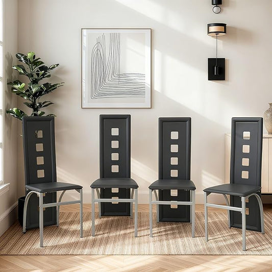 Karl home Dining Chairs Set of 4, PU Leather & Hollow High Back, Black | Black kitchen chairs with padded seats & foot cap protection for dining kitchen living room,300lbs capacity,space-saving