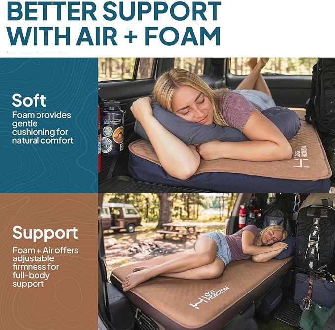 Lost Horizon Air & Foam Camping Mattress, Self-Inflating Sleeping Pad, 4.5" Thick, with Pump Sack, Cot