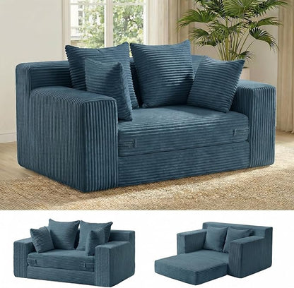 cidludto Convertible Sofa Bed, Boneless Couch 2 in 1 Loveseat Folding Couch Bed Foldable, Chair Bed & Futon Sofa Bed, Small Corduroy Pull Out Sofa with 4 Pillows for Living Room, Blue