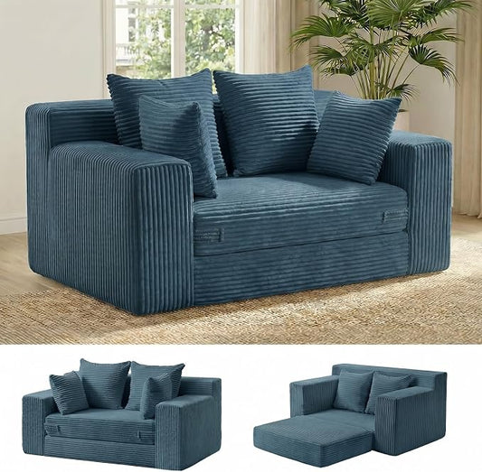 cidludto Convertible Sofa Bed, Boneless Couch 2 in 1 Loveseat Folding Couch Bed Foldable, Chair Bed & Futon Sofa Bed, Small Corduroy Pull Out Sofa with 4 Pillows for Living Room, Blue