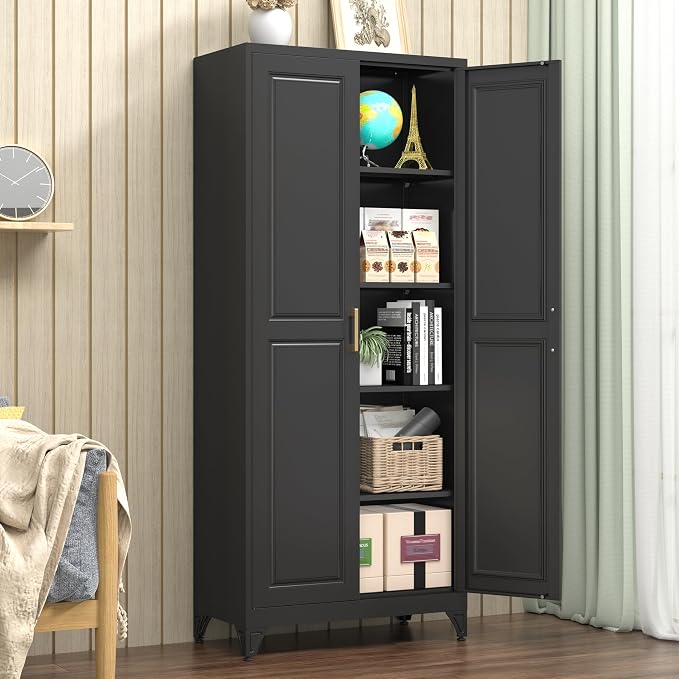 Polup Kitchen Pantry Cabinet, 75" H Metal Storage Cabinet with Doors and Shelves, 4 Standing Feet, Cupboard for Kitchen, Dining, Living Room, 16" D x 32" W x 75" H, Black, Assembly Required