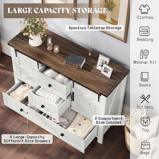 AMERLIFE 4-Piece Farmhouse Bedroom Set in Distressed White, Full Size Bed Frame with Bookcase Headboard, 5-Drawer Tall Dresser, 47'' Dresser with 4 Drawers, 60" Dresser with 4 Drawers