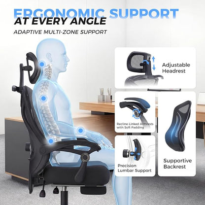CYKOV Ergonomic Office Chair with Footrest - Adjustable Lumbar Support & Headrest, 90-135° Reclining Mesh Back Computer Chair - Home Office/Gaming, 350lbs Capacity