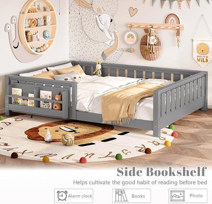 Bellemave Queen Size Floor Bed with Slats and Safety Guardrail, Queen Size Montessori Floor Bed with Fence and Built-in Bookshelf, Easy Assemble Montessori Beds for Girls, Boys, Gray