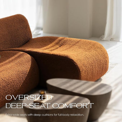 106" Curved Sectional Sofa with Chaise, Boneless 3 Seater Modular Couch, Reversible L-Shaped Couches with High-Density Foam, Modern Lounge Comfort Sherpa Sofas for Living Room – No Assembly, Brown