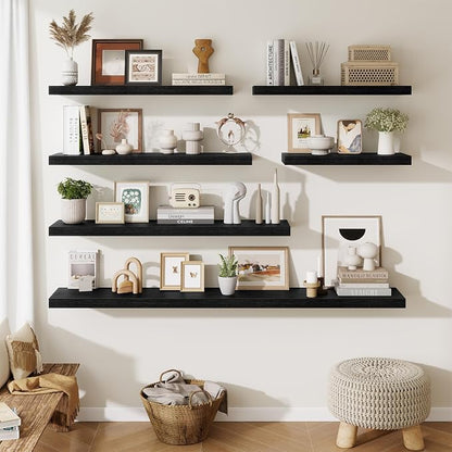 Fun Memories Floating Shelves Set of 3, 40 Inch Long Wooden Wall Shelves, 10 Inch Deep Wall Mounted Storage Shelf with Metal Brackets for Living Room, Bathroom, Bedroom and Kitchen, Black