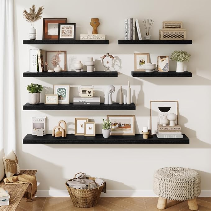 Fun Memories Floating Shelves for Wall, 32 Inch Long Floating Shelves Set of 2, 32 x 10 Wooden Shelves for Wall, Large Storage Shelves, Hanging Shelves for Bathroom Kitchen Bedroom, Black