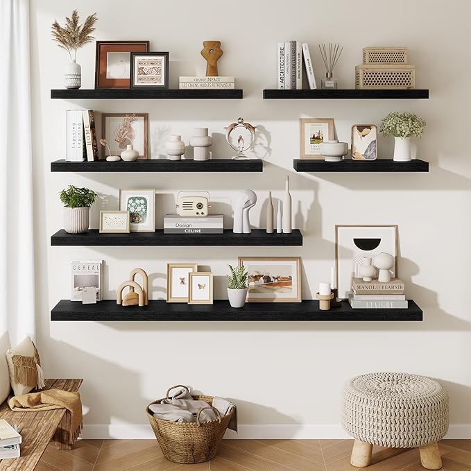 Fun Memories Floating Shelves Set of 2, 40 Inch Long Wooden Wall Shelves, 10 Inch Deep Wall Mounted Storage Shelf with Metal Brackets for Living Room, Bathroom, Bedroom and Kitchen, Black