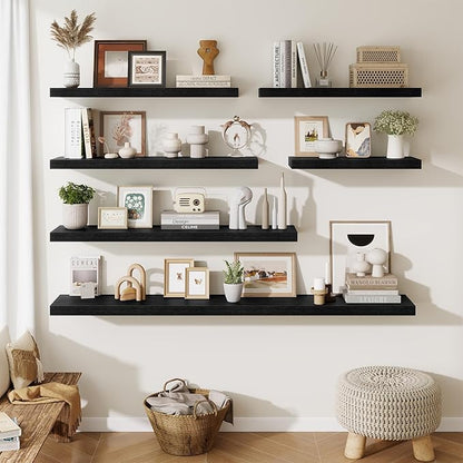 Fun Memories Floating Shelves Set of 2, 40 Inch Long Wooden Wall Shelves, 10 Inch Deep Wall Mounted Storage Shelf with Metal Brackets for Living Room, Bathroom, Bedroom and Kitchen, Black