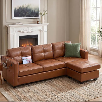 TYBOATLE Brown Sofa Couch Sectional Couches for Living Room, Comfy Faux Leather Modular Convertible L Shaped Sofas with USB & Ottoman, Leather Sectional with Side Pockets for RV Apartment Office