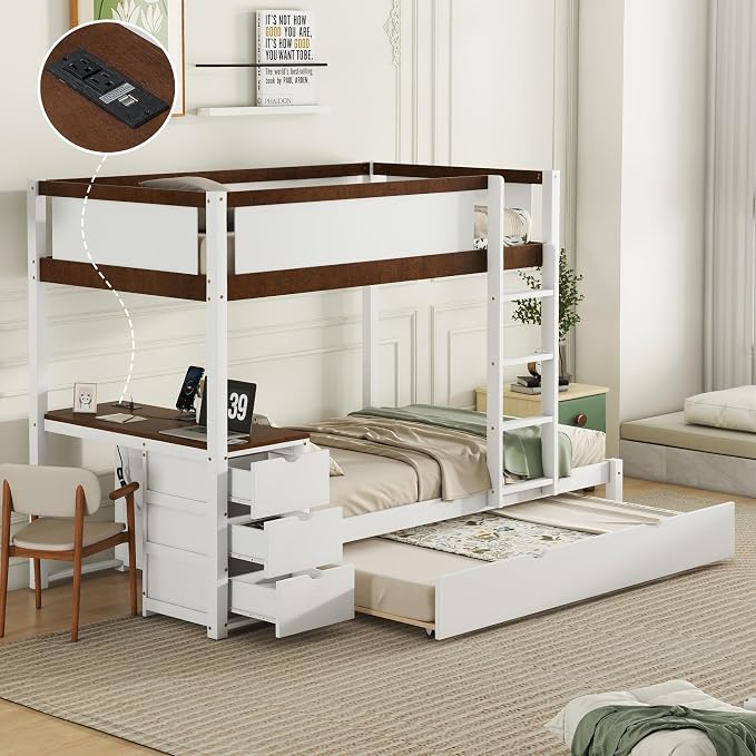 Harper & Bright Designs Twin Over Twin Bunk Bed Twin Size Trundle, Wood Twin Bunk Bed with USB Ports, Storage and Desk, White+Walnut