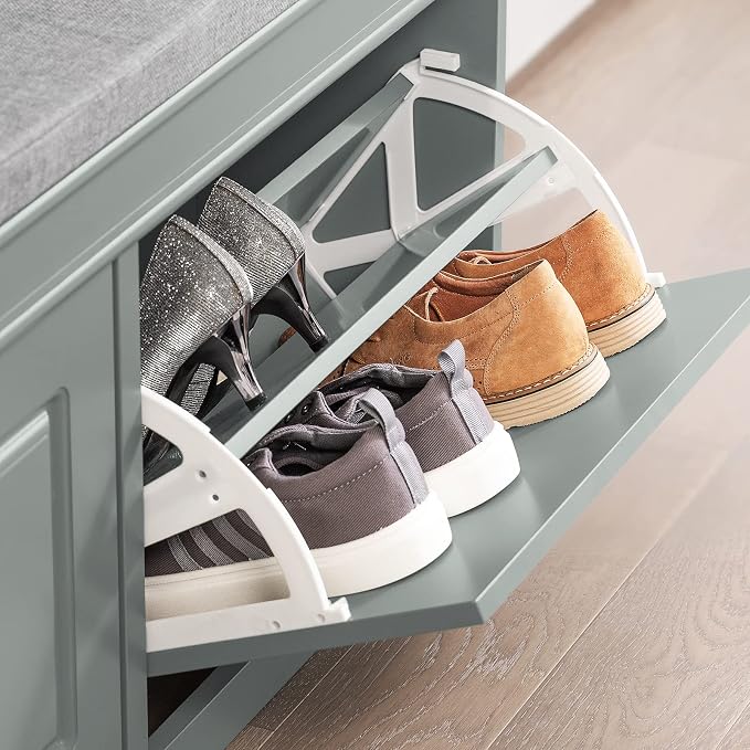 SoBuy Grey Storage Shoe Bench with 2 Flip Drawers, Hidden Shoe Bench, Free Standing Shoe Rack, Shoe Cabinet, Hallway Storage Bench with Seat Cushion FSR64-HG
