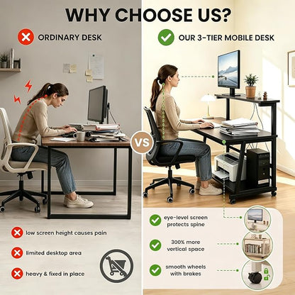 31.5 Inch Compact Rolling Computer Desk with Tier Worktable & Lockable Wheels, Small Computer Desk, Small Desk for Bedroom, Mobile Writing Workstation Easy Assembly for Home Office Small Spaces