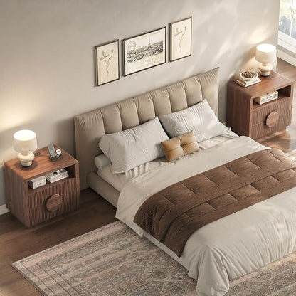23" Wide Fluted Nightstands Set of 2, Mid Century Bedside Tables with Charging Station, Wood End Table with 2 Drawers and Open Shelf for Bedroom, Home Office, Walnut