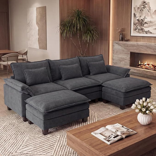 URRED Oversized Modular Sectional Sofa, 122" U Shaped Modern Comfy Cloud Couch with Movable Ottoman & Pillows, Deep Seat Couches for Living Room, Bedroom or Apartment (Velvet Grey, 122" U Shaped)