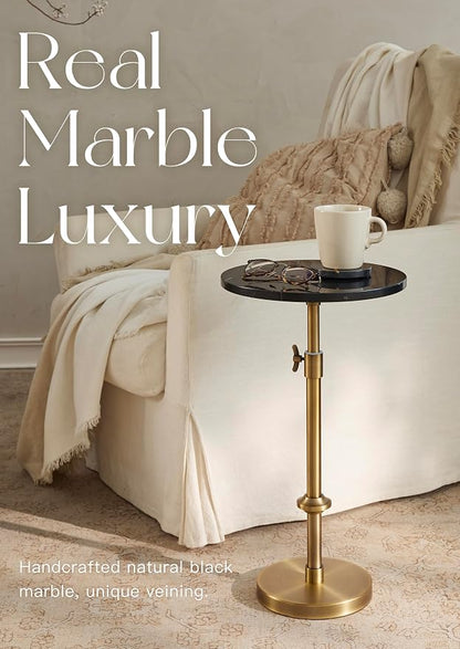 Adjustable-Height Marble Drink Table - 12x12x22-30, Black Marble & Antique Brass, Modern Round End Table, Side Table with Pedestal Stand for Small Spaces, Vintage Metal Martini Cocktail Accent