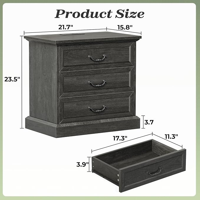 Huuger Nightstand with Charging Station, 3 Drawer Night Stand, 22 Inch Wider Side Table with Storage, Farmhouse Nightstand with Vintage Handles, Thicken Base, for Bedroom, Black