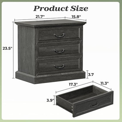Huuger Nightstand with Charging Station, 3 Drawer Night Stand, 22 Inch Wider Side Table with Storage, Farmhouse Nightstand with Vintage Handles, Thicken Base, for Bedroom, Black