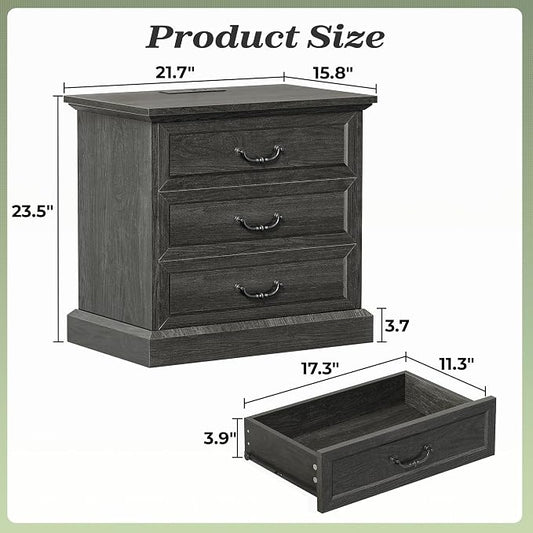 Huuger Nightstand with Charging Station, 3 Drawer Night Stand, 22 Inch Wider Side Table with Storage, Farmhouse Nightstand with Vintage Handles, Thicken Base, for Bedroom, Black