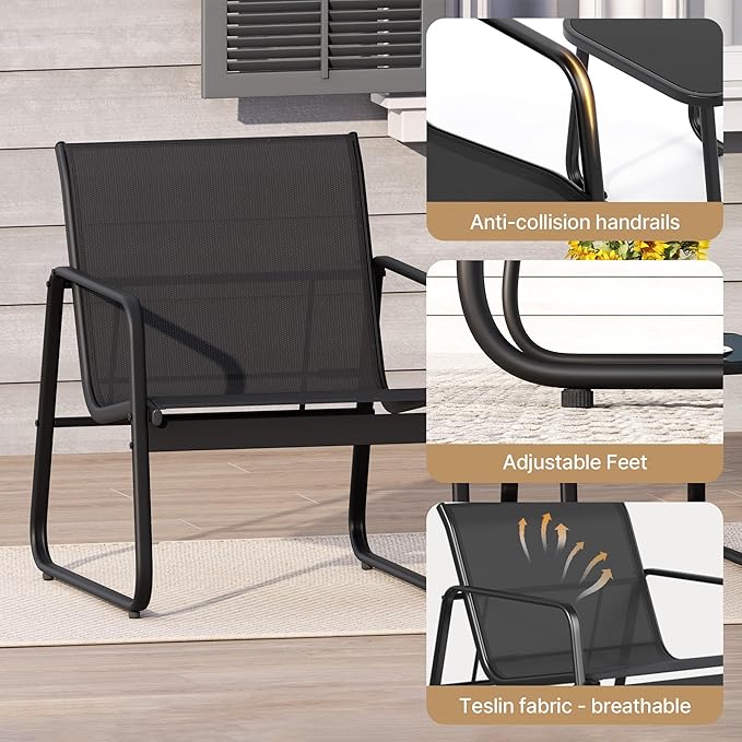 Gizoon Patio Chairs Set of 2, Patio Bistro Set 3PCS, Outdoor Patio Furniture Set with Rust-Resistant Metal Frame, 330LBS Capacity，for Balcony/Lawn/Patio/Pool, RCS Certified Recycled Material, Black