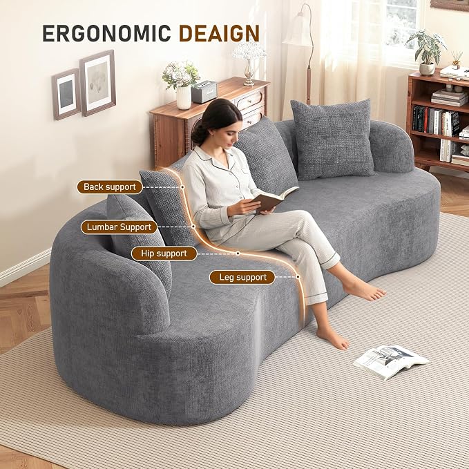 Furnimart 112" Curved Couches for Living Room, Modern Chenille 4-Seater Sectional Sofa Deep Seat with 4 Throw Pillows, Plush Modular Couch, No Assembly Needed, Dark Grey