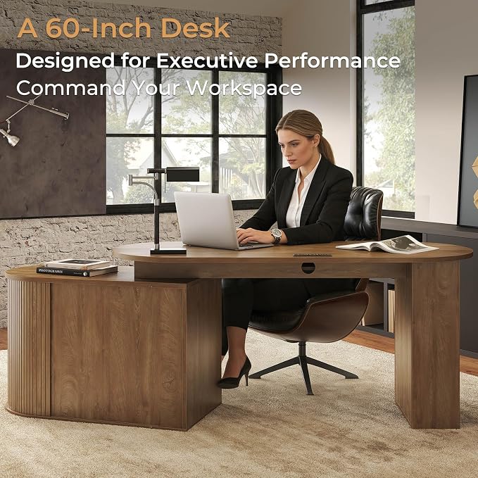 HSH Reversible L Shaped Desk with Storage, Computer Desk with Keyboard Tray | 60" Modern Annual Ring Wood Executive Office Desk, Adjustable Corner Design for Gaming Spaces and Home Workstations