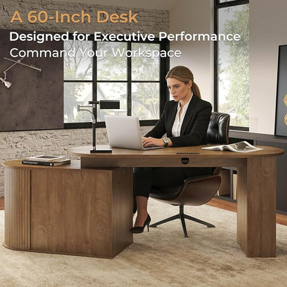 HSH Reversible L Shaped Desk with Storage, Computer Desk with Keyboard Tray | 60" Modern Annual Ring Wood Executive Office Desk, Adjustable Corner Design for Gaming Spaces and Home Workstations