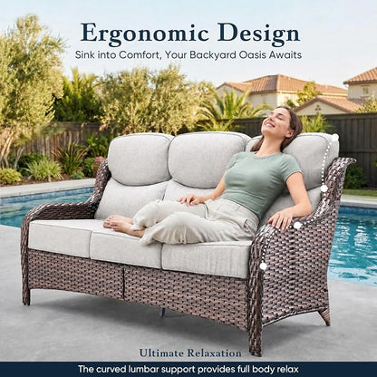 Belord Luxury 6" Thick Cushioned PE Wicker 3-Seater Outdoor Couch, All-Weather Comfortable Modern Patio Sofa, High Back Deep Seat Woven Outdoor Furniture for Porch Balcony, Lawn, Deck - BrownBeige