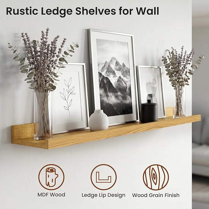 Axeman Picture Ledge Shelf | 40 Inch Floating Shelves Set of 4 | Oak Wall Shelves with Lip | Oak Picture Shelf for Wall with Ledge | Wood Photo Ledges for Living Room Bedroom