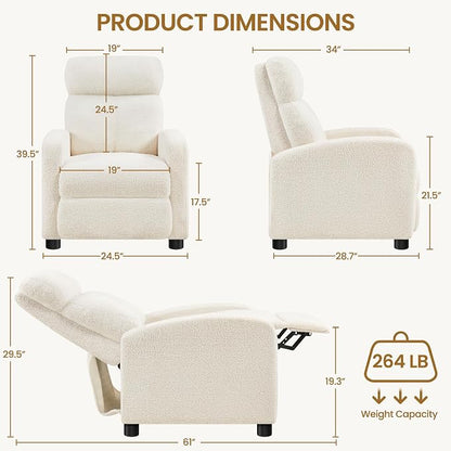 Topeakmart Fabric Recliner Chair Adjustable Modern Single Sofa Chair with Pocket Spring Living Room Bedroom Home Theater Ivory
