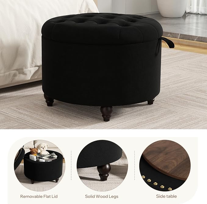 24 Inch Round Storage Ottoman,Modern Tufted Ottomans,Circular Coffee Table with Removable Top,Upholstered Large Ottoman with Storage Footrest Stool for Bedroom Living Room (Black)