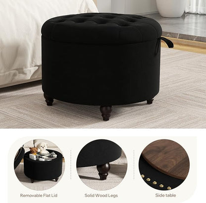 24 Inch Round Storage Ottoman,Modern Tufted Ottomans,Circular Coffee Table with Removable Top,Upholstered Large Ottoman with Storage Footrest Stool for Bedroom Living Room (Black)